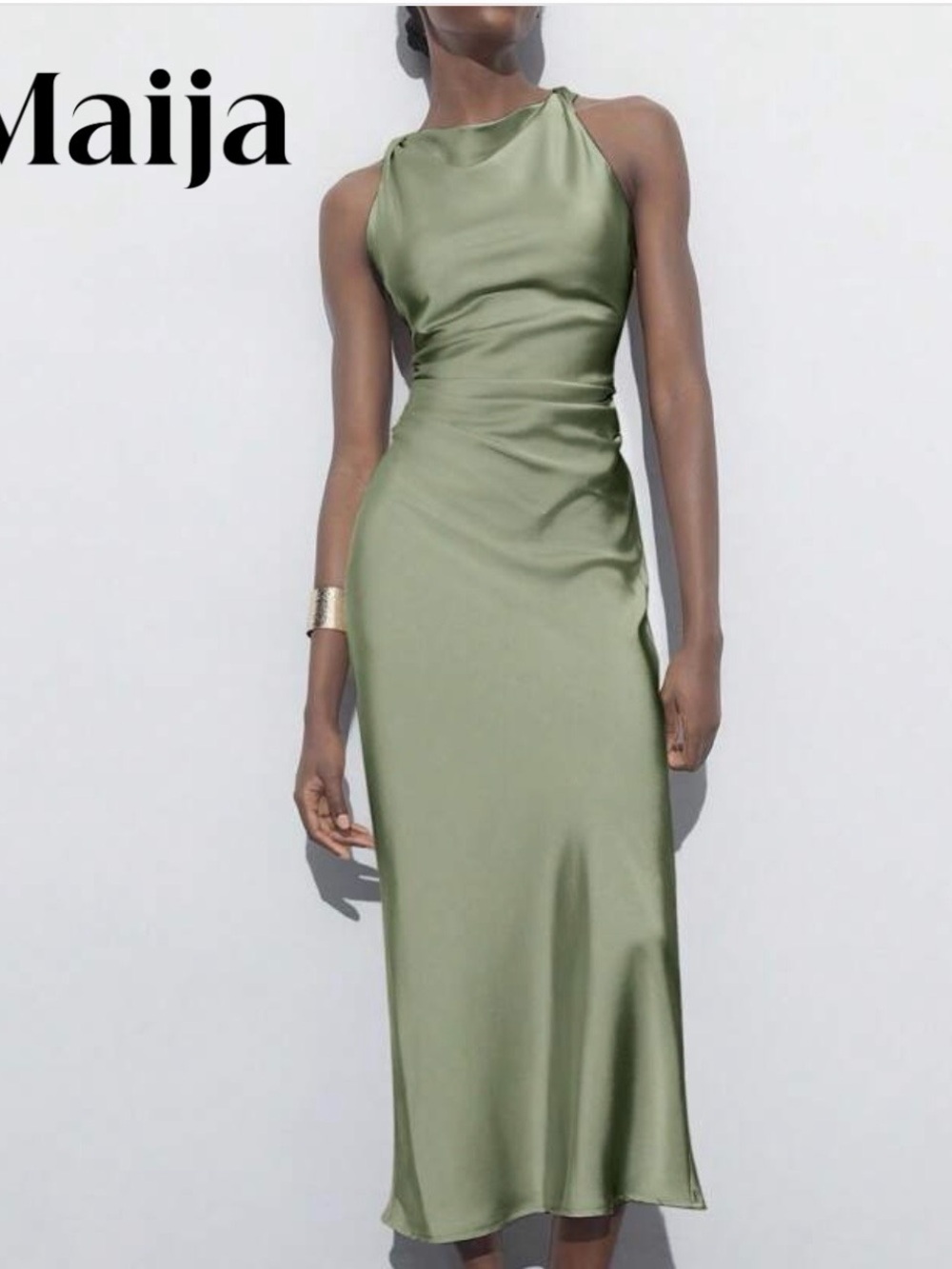 SHEIN Olive Green Satin Halter Maxi Dress size L